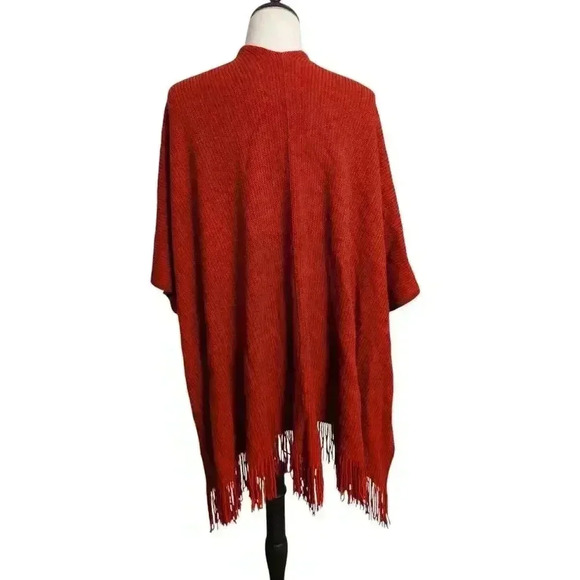 Women's Red One Size Open Front Knit Sweater Shaw with Pockets & Fringe - Picture 7 of 8